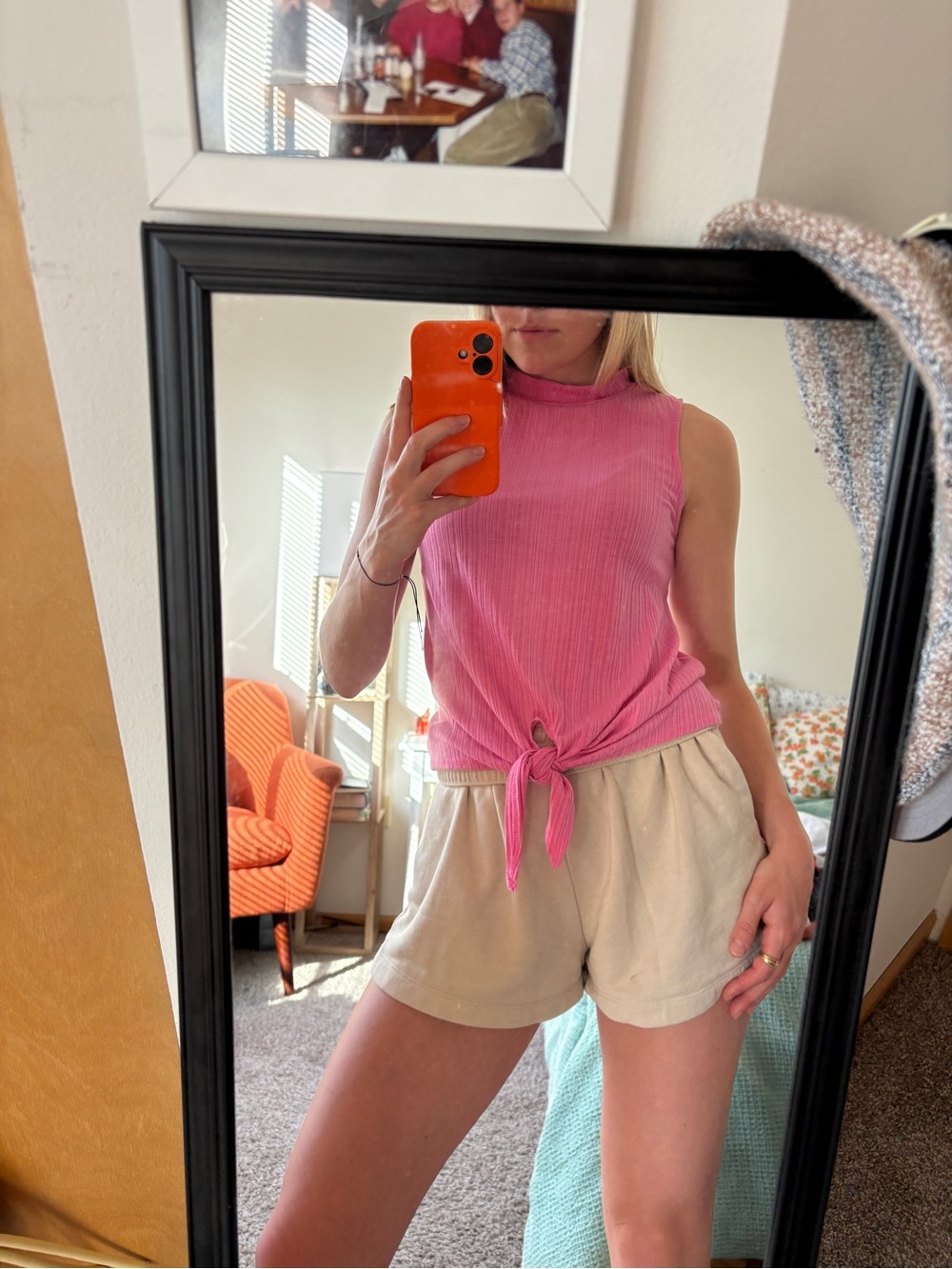 NWT pink high neck tank with tie front